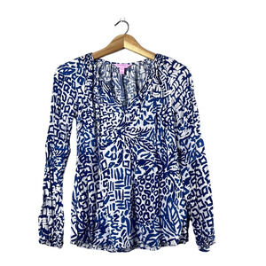 Blue and White Lilly Pulitzer Long Sleeve Blouse XXS